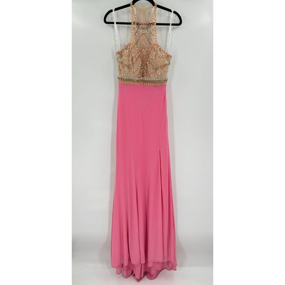 RACHEL ALLEN Pink Hand Beaded Open Back Halter Top Princess 2069 Prom Dress Sz 6 - Picture 3 of 12